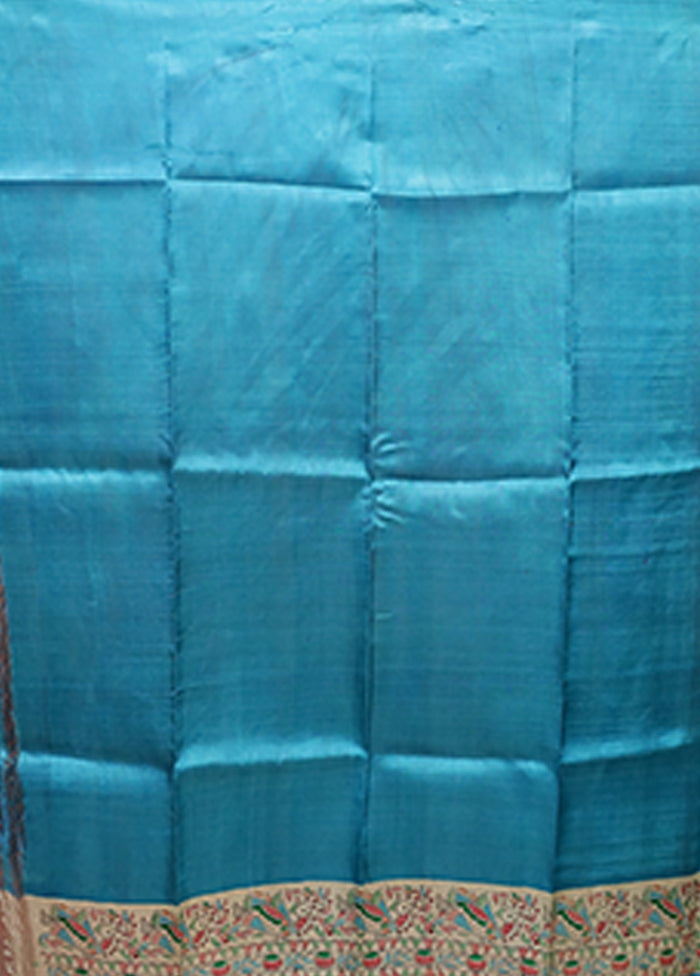 Blue Printed Pure Silk Saree Without Blouse Piece