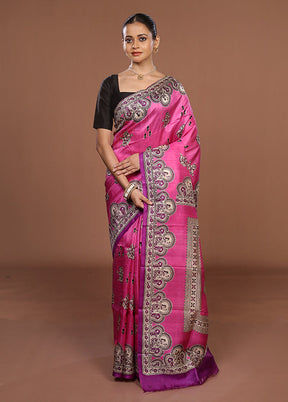 Pink Printed Pure Silk Saree Without Blouse Piece