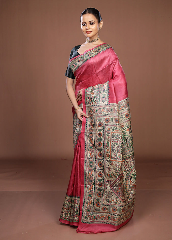 Pink Printed Pure Silk Saree Without Blouse Piece