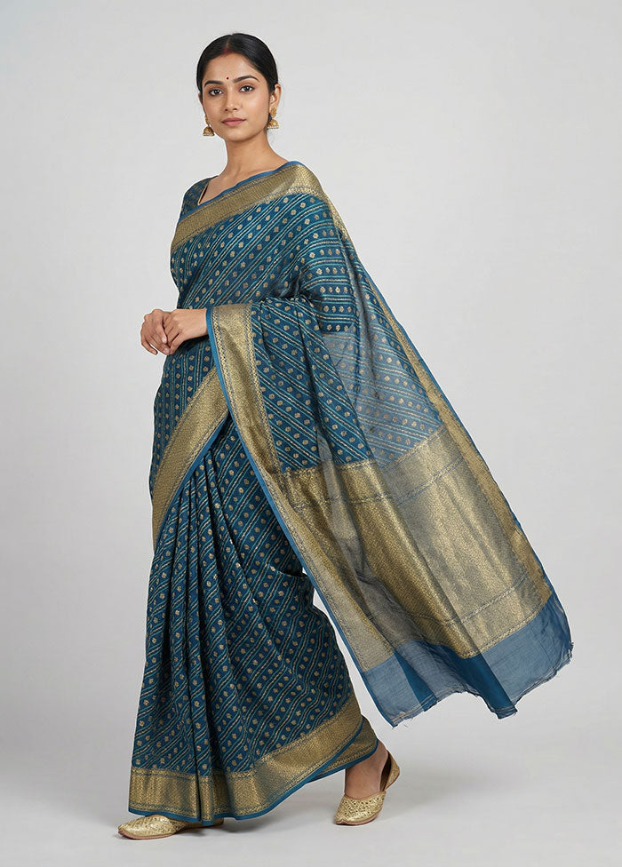 Blue Kora Silk Saree With Blouse Piece