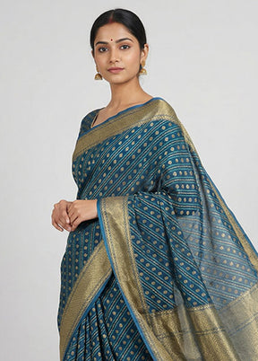 Blue Kora Silk Saree With Blouse Piece