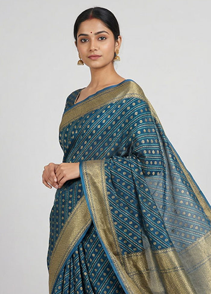 Blue Kora Silk Saree With Blouse Piece
