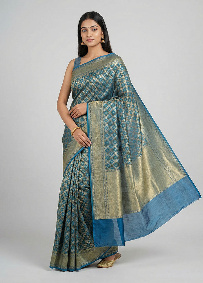 Blue Kora Silk Saree With Blouse Piece