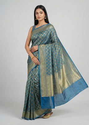Blue Kora Silk Saree With Blouse Piece