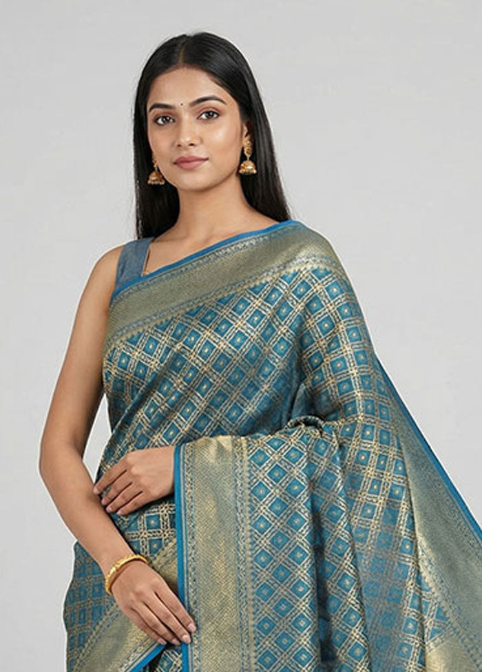 Blue Kora Silk Saree With Blouse Piece