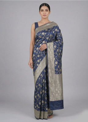 Blue Dupion Silk Saree With Blouse Piece