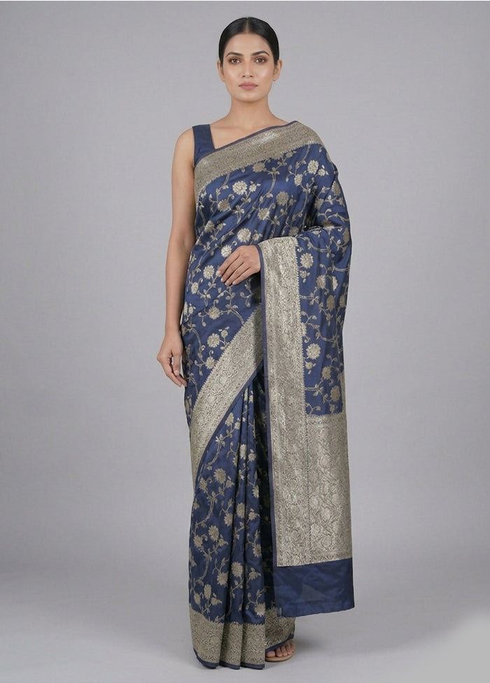 Blue Dupion Silk Saree With Blouse Piece