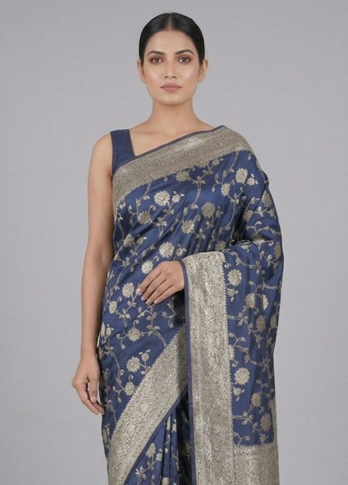 Blue Dupion Silk Saree With Blouse Piece
