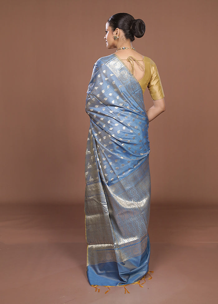 Blue Dupion Silk Saree With Blouse Piece