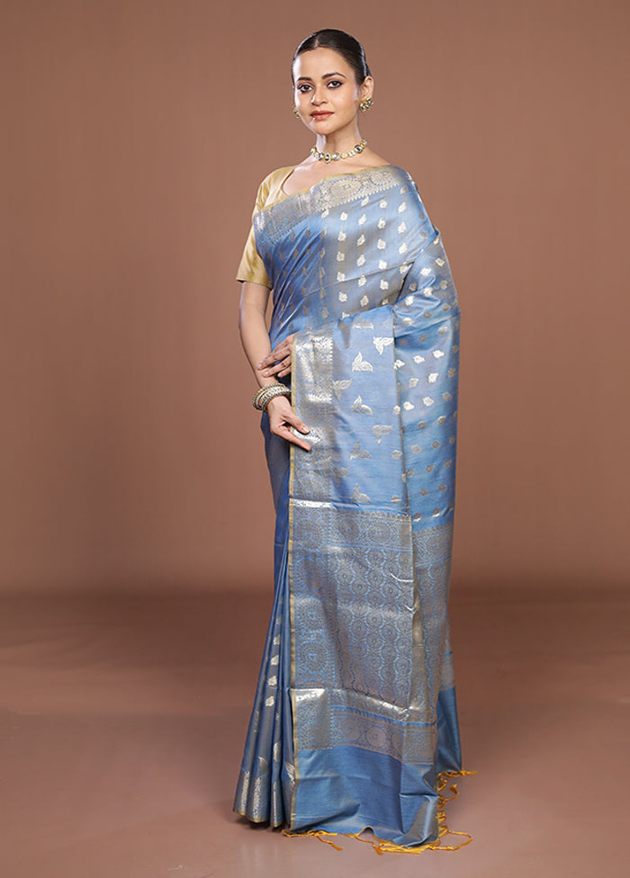 Blue Dupion Silk Saree With Blouse Piece