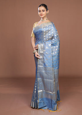 Blue Dupion Silk Saree With Blouse Piece