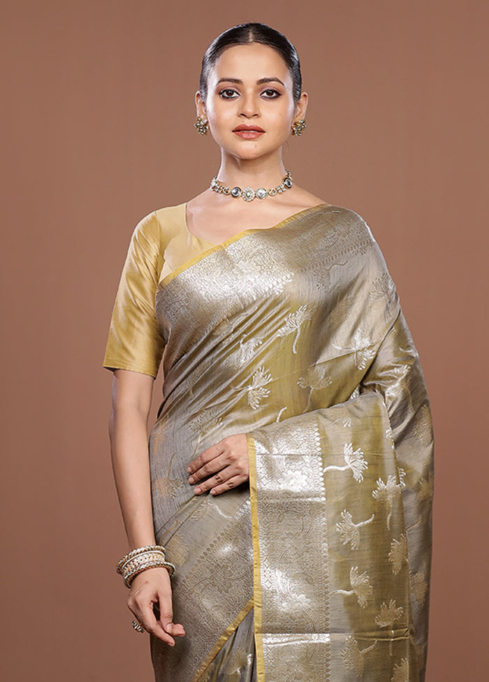 Grey Dupion Silk Saree With Blouse Piece