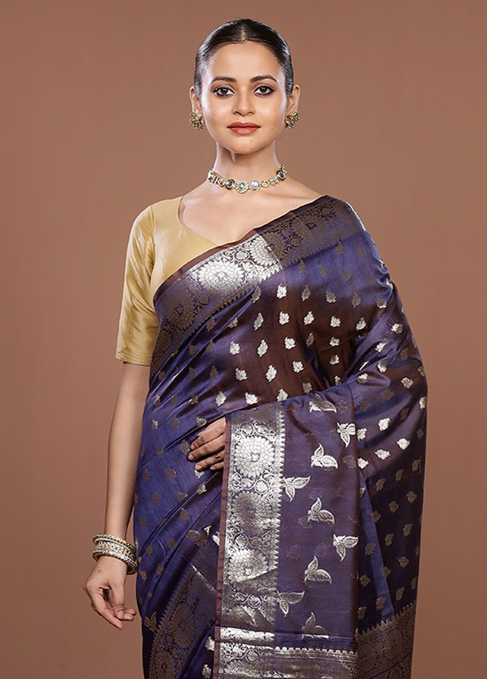 Blue Dupion Silk Saree With Blouse Piece