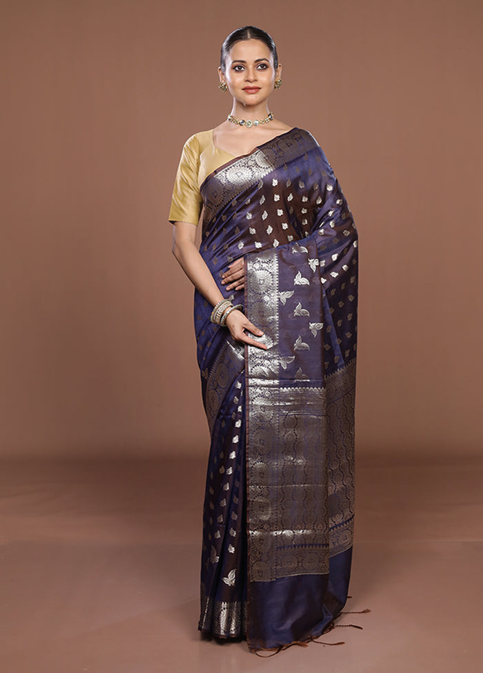 Blue Dupion Silk Saree With Blouse Piece