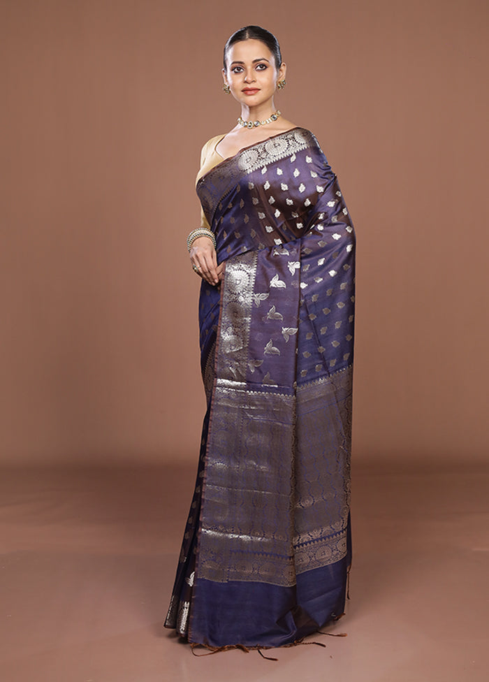 Blue Dupion Silk Saree With Blouse Piece