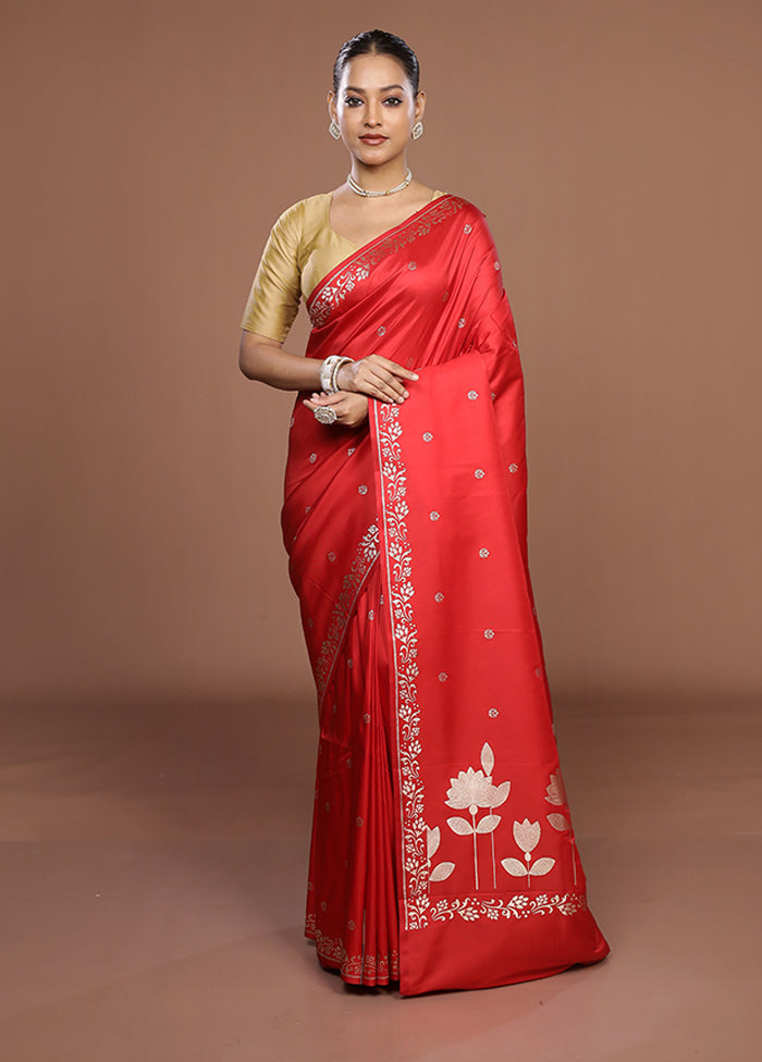 Red Katan Silk Saree With Blouse Piece