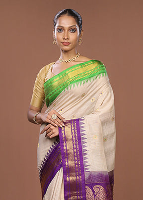 Cream Gadwal Pure Silk Saree Without Blouse Piece