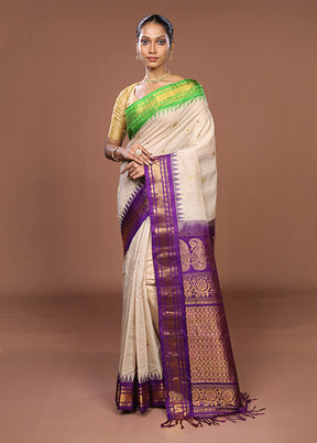 Cream Gadwal Pure Silk Saree Without Blouse Piece
