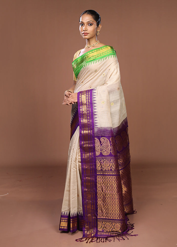 Cream Gadwal Pure Silk Saree Without Blouse Piece