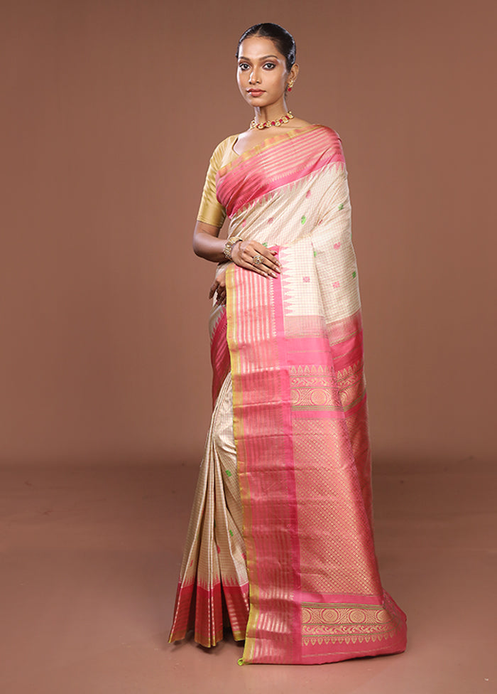 Cream Gadwal Pure Silk Saree Without Blouse Piece