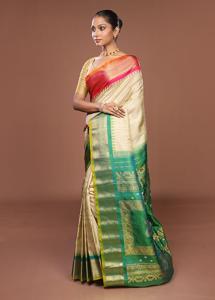 Cream Gadwal Pure Silk Saree Without Blouse Piece
