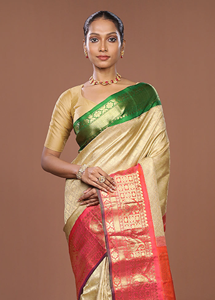 Cream Gadwal Pure Silk Saree Without Blouse Piece