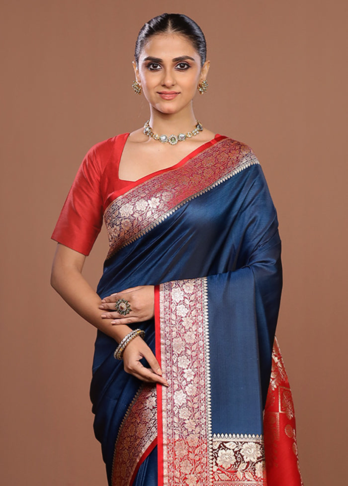 Blue Banarasi Silk Saree With Blouse Piece