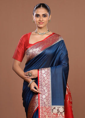 Blue Banarasi Silk Saree With Blouse Piece