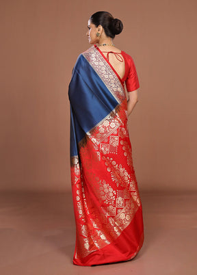 Blue Banarasi Silk Saree With Blouse Piece