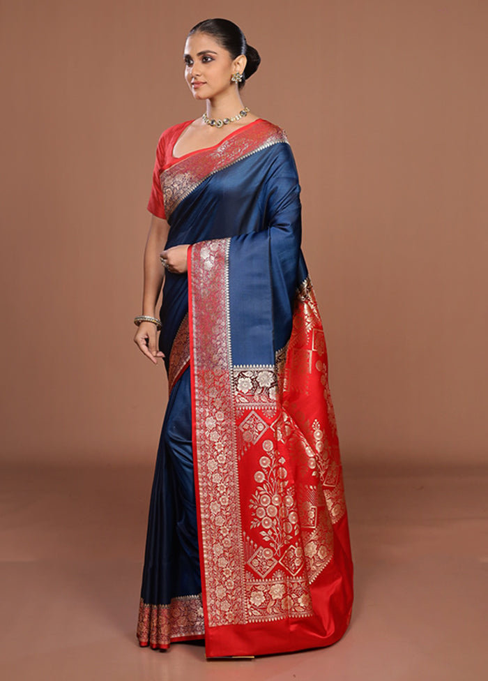 Blue Banarasi Silk Saree With Blouse Piece