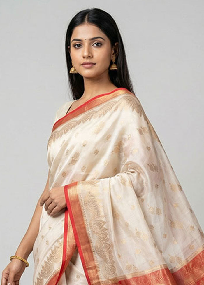 White Dupion Silk Saree With Blouse Piece