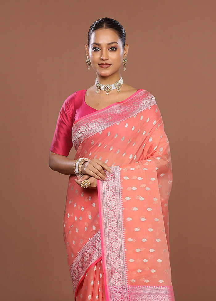 Peach Kora Silk Saree With Blouse Piece