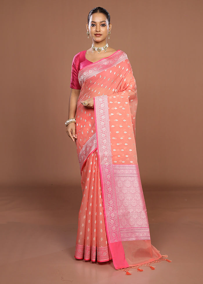 Peach Kora Silk Saree With Blouse Piece