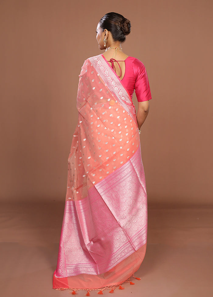 Peach Kora Silk Saree With Blouse Piece