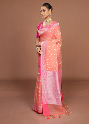 Peach Kora Silk Saree With Blouse Piece