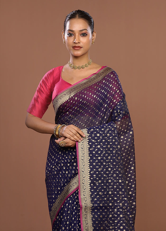Blue Kora Silk Saree With Blouse Piece