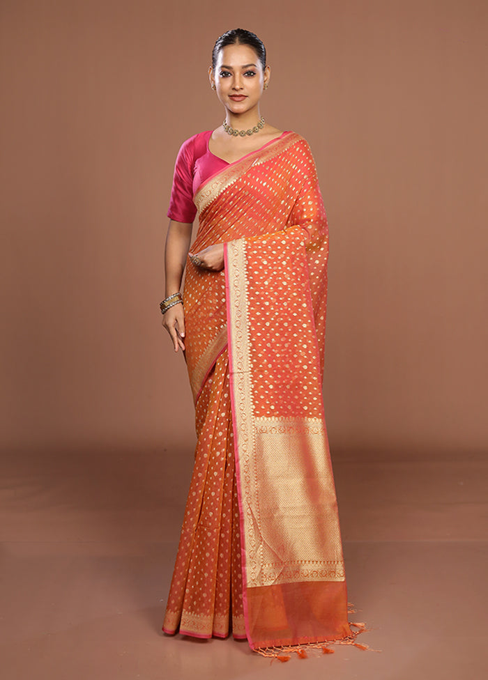 Orange Kora Silk Saree With Blouse Piece