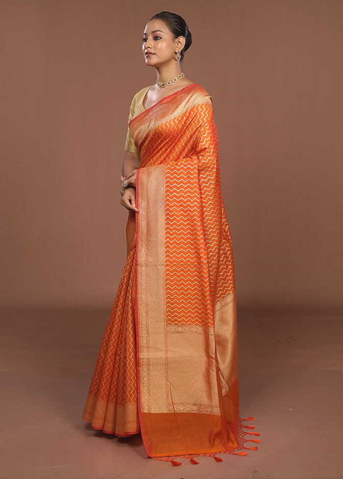 Orange Kora Silk Saree With Blouse Piece