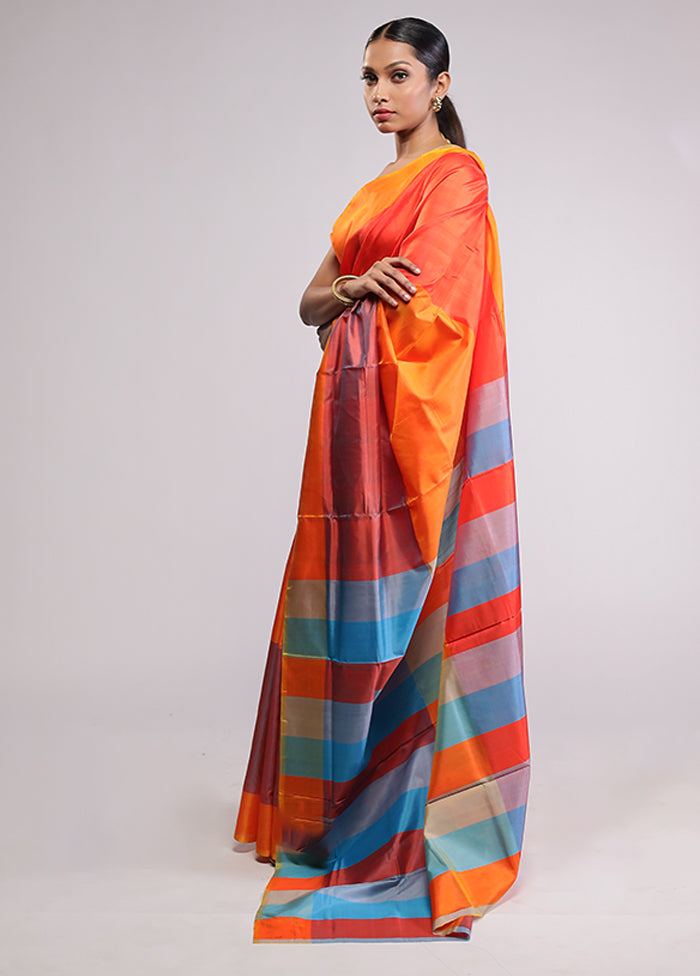 Orange Pure Bishnupuri Silk Saree With Blouse Piece