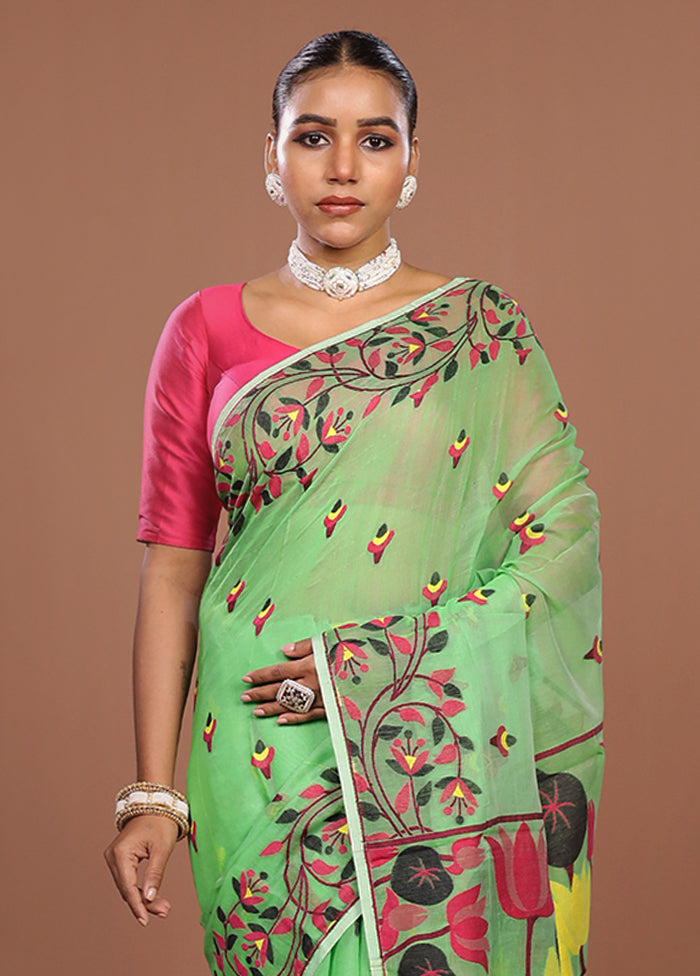 Green Jamdani Cotton Saree Without Blouse Piece