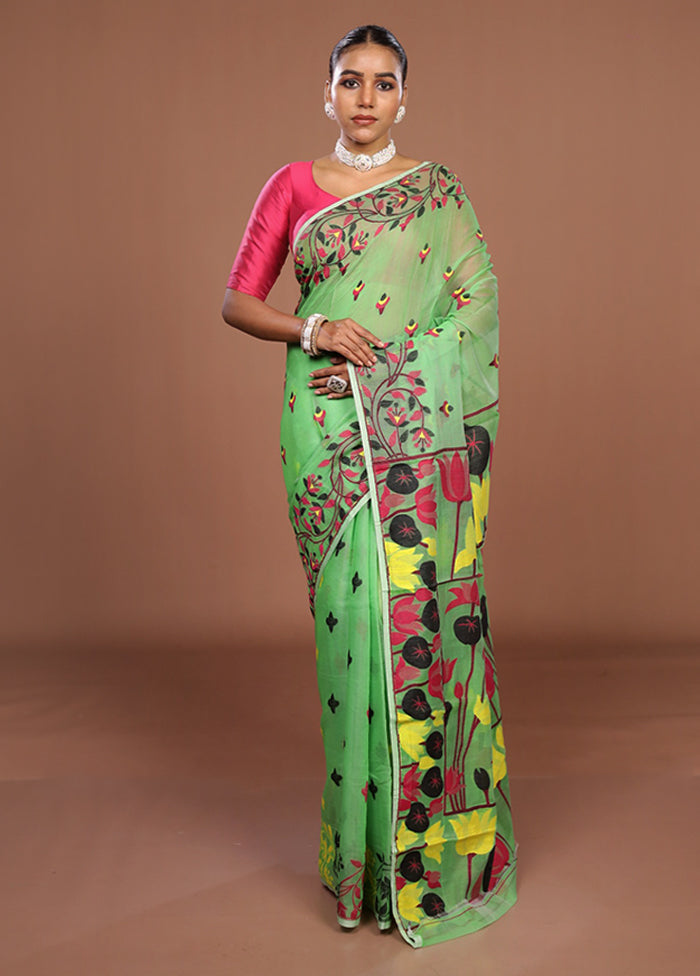 Green Jamdani Cotton Saree Without Blouse Piece