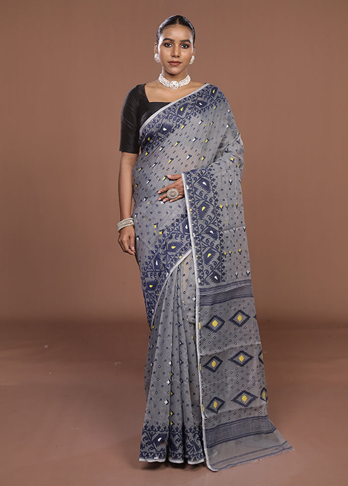 Grey Jamdani Cotton Saree Without Blouse Piece
