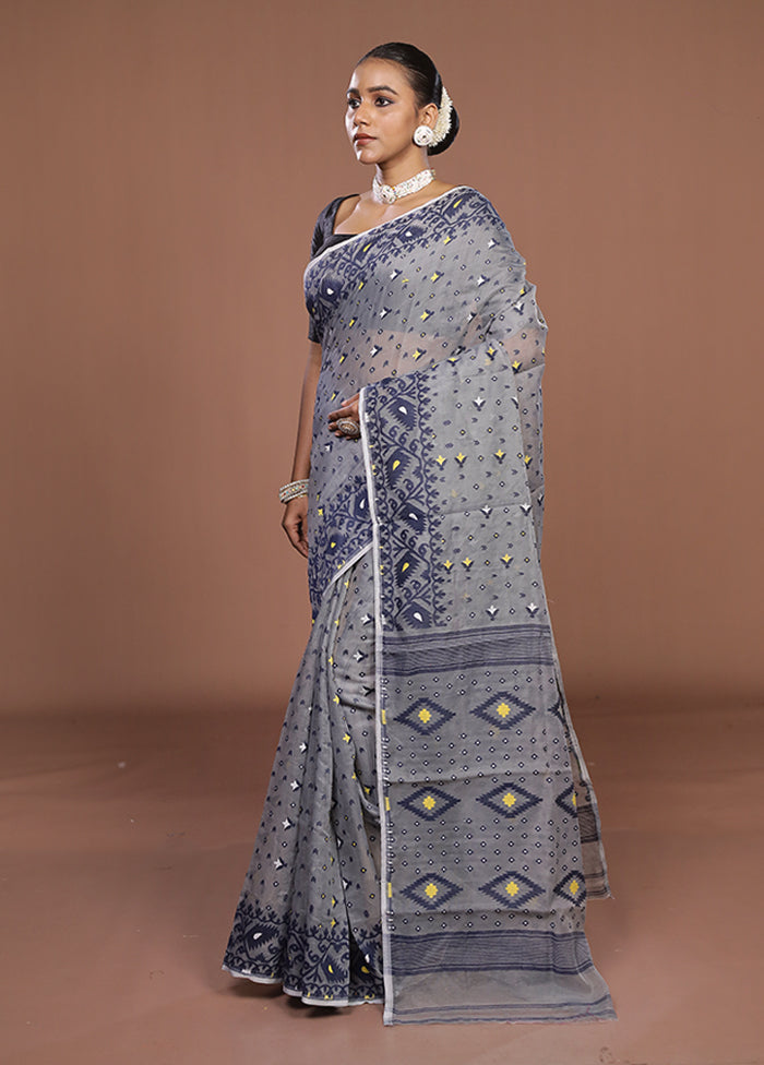 Grey Jamdani Cotton Saree Without Blouse Piece