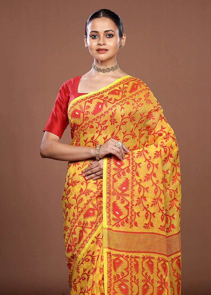 Yellow Jamdani Cotton Saree Without Blouse Piece