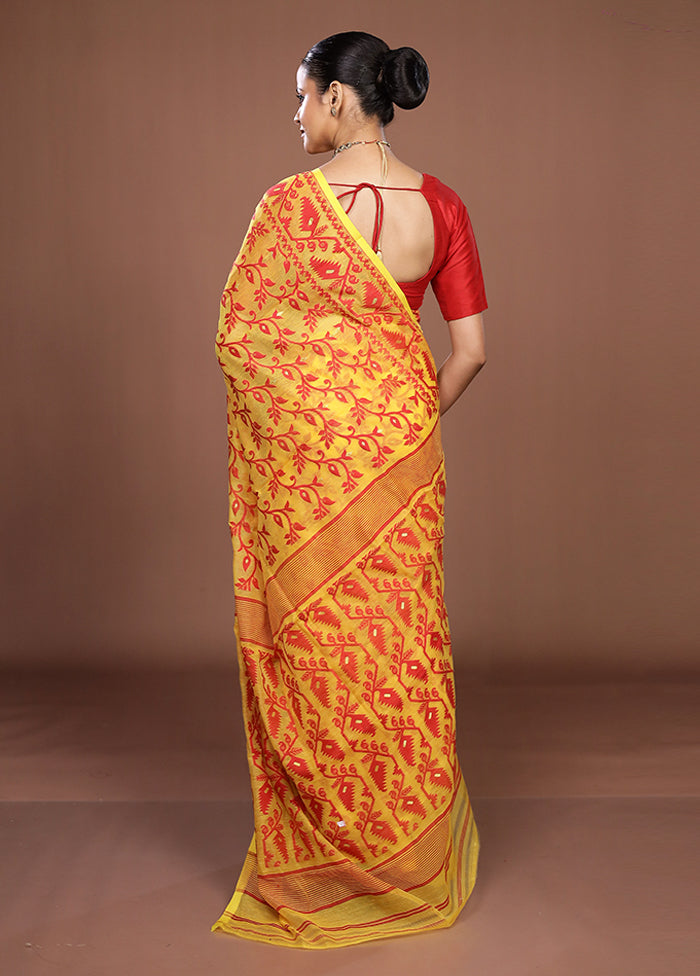 Yellow Jamdani Cotton Saree Without Blouse Piece