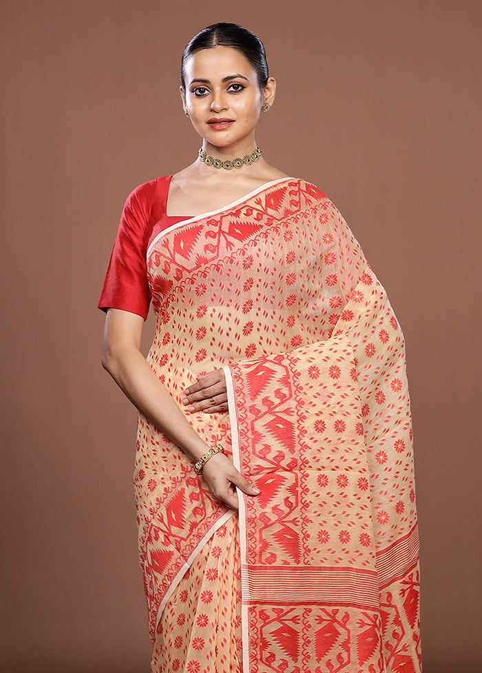 Cream Jamdani Cotton Saree Without Blouse Piece