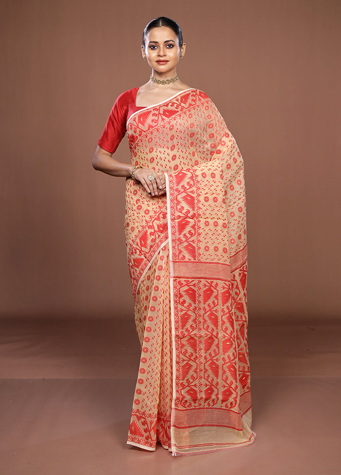 Cream Jamdani Cotton Saree Without Blouse Piece