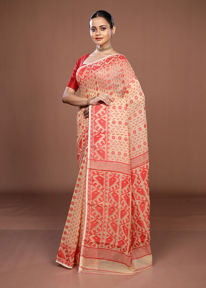 Cream Jamdani Cotton Saree Without Blouse Piece