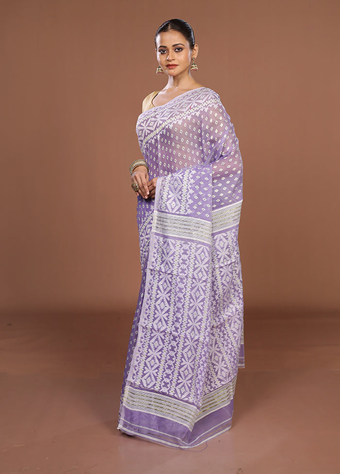 Purple Jamdani Cotton Saree Without Blouse Piece