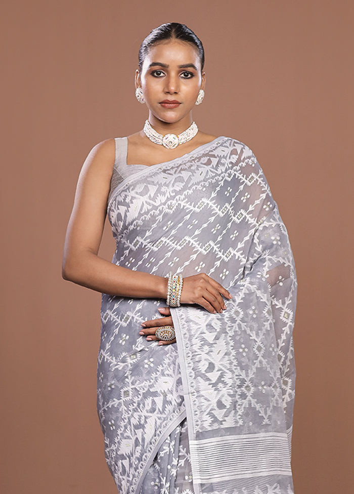 Grey Jamdani Cotton Saree Without Blouse Piece